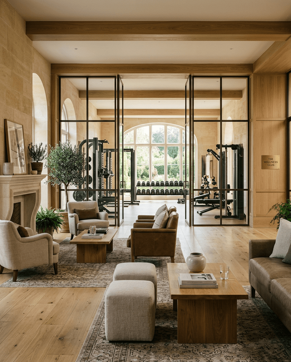 Interior view of a premium wellness club with lounge and training areas